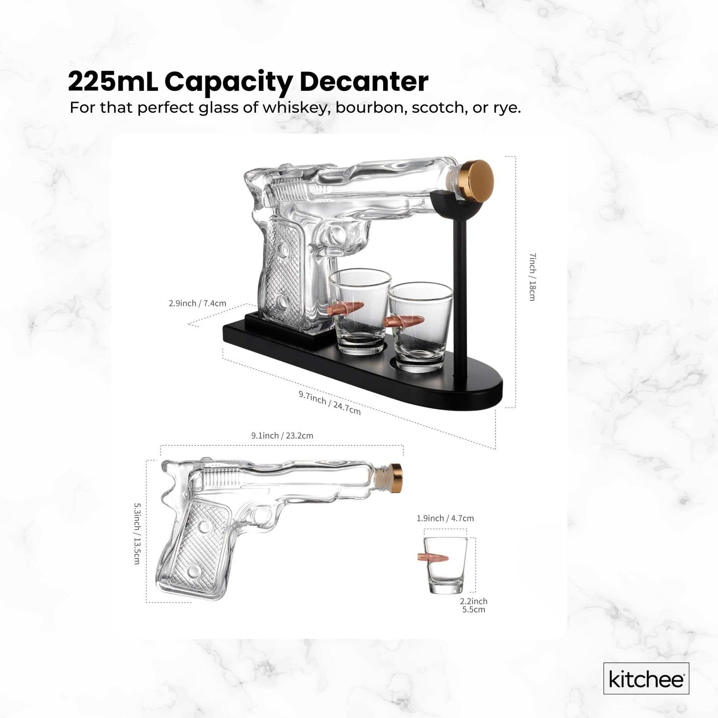 225mL Whisky or Wine Decanter Glass Pistol Set - 2 Shot Glasses + Wooden Stand