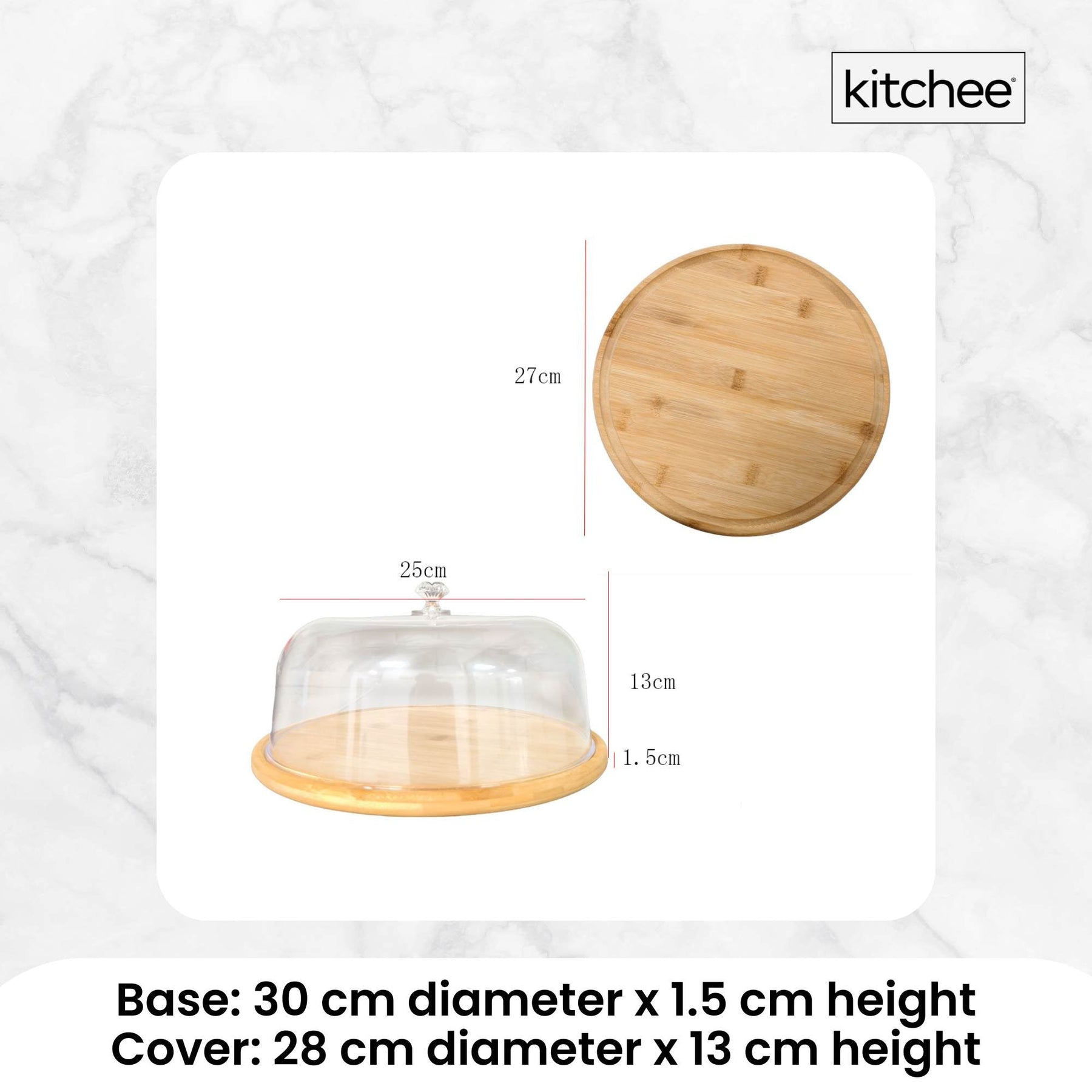 Kitchee Bamboo Cake Stand – 30cm with Acrylic Dome Cover