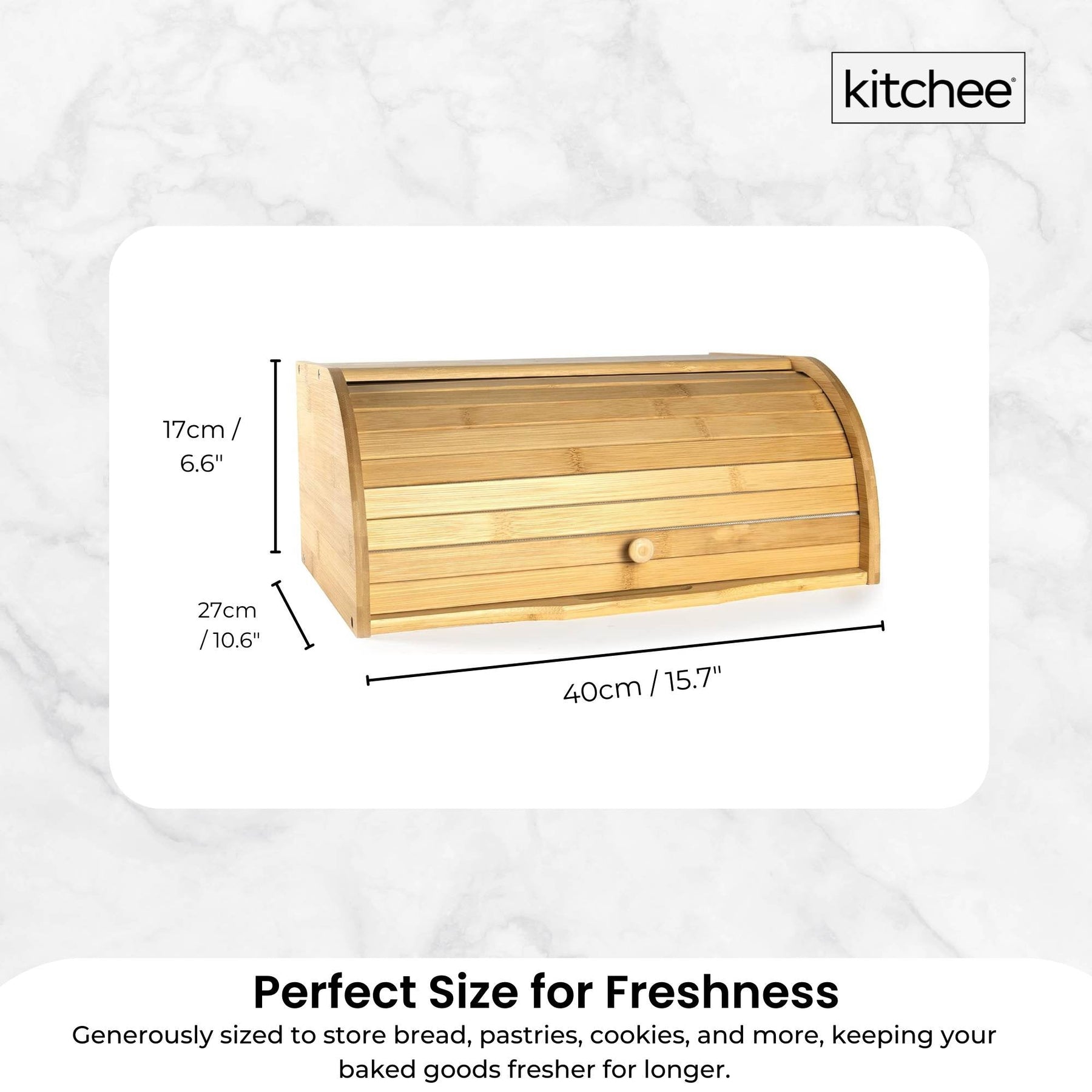 Kitchee Bamboo Bread Box with Roll-Top Door - 40cm
