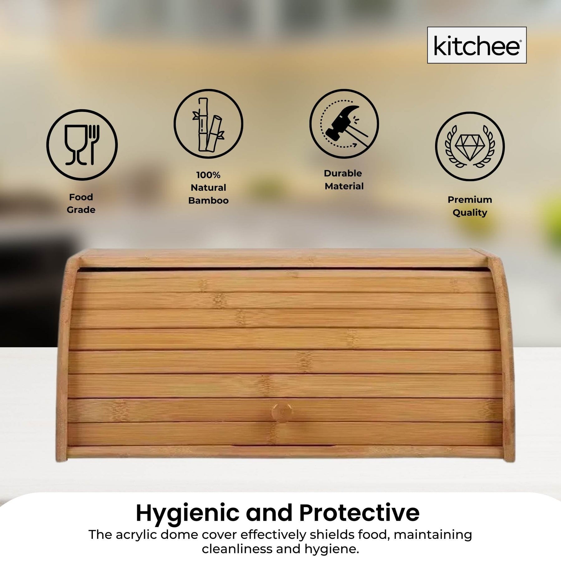 Kitchee Bamboo Bread Box with Roll-Top Door - 40cm
