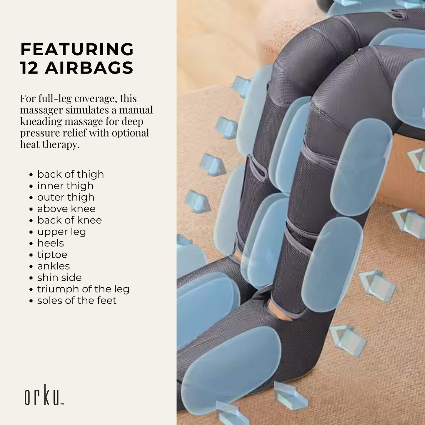 Orku Air Compression Leg and Foot Massager with Heat – 12 Airbags, 5 Levels, Portable