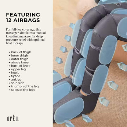 Orku Air Compression Leg and Foot Massager with Heat – 12 Airbags, 5 Levels, Portable