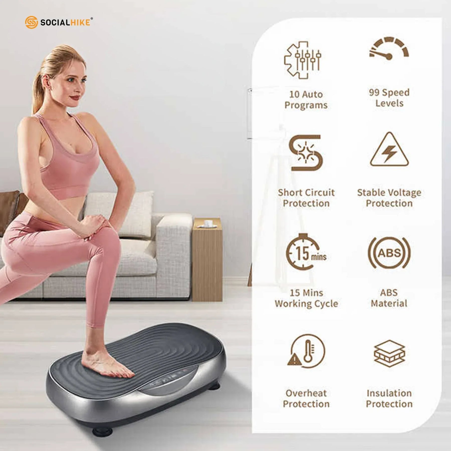Social Hike KW566 Vibration Plate Machine 200W with 99 Speeds & Bands - Grey