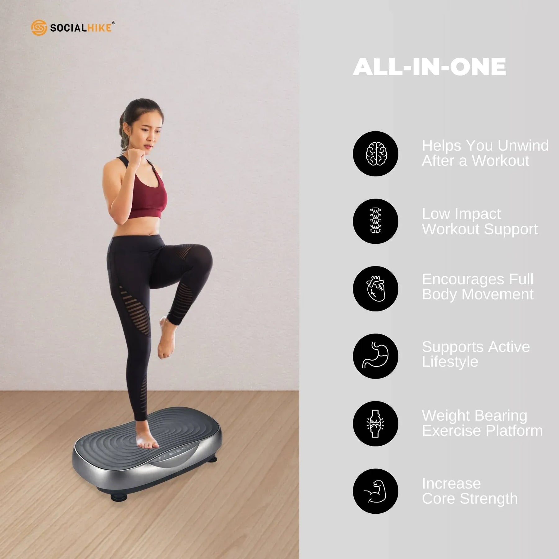 Social Hike KW566 Vibration Plate Machine 200W with 99 Speeds & Bands - Grey