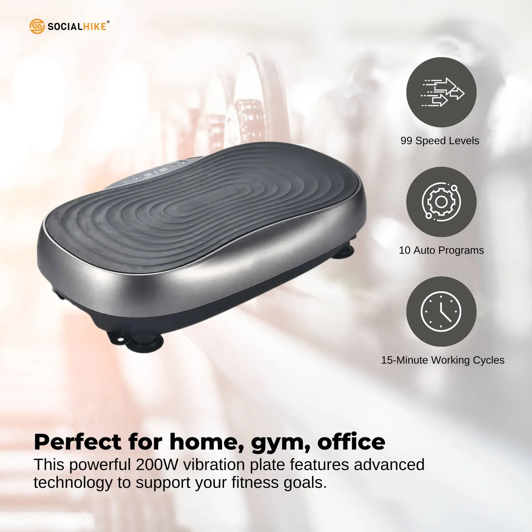 Social Hike KW566 Vibration Plate Machine 200W with 99 Speeds & Bands - Grey