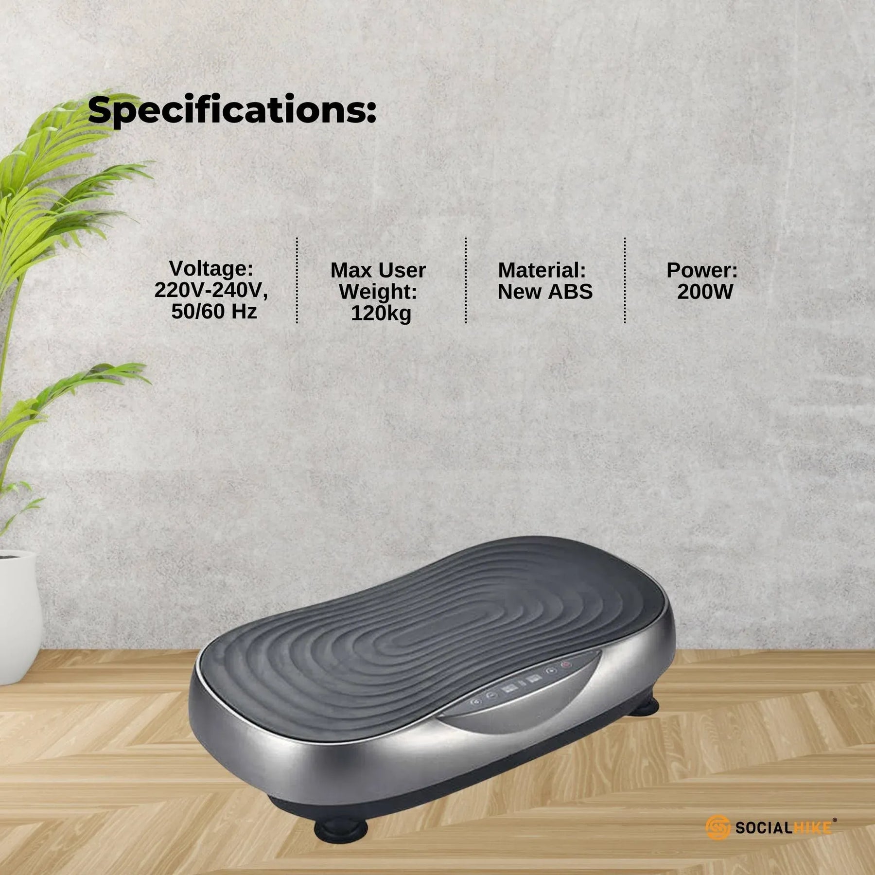 Social Hike KW566 Vibration Plate Machine 200W with 99 Speeds & Bands - Grey