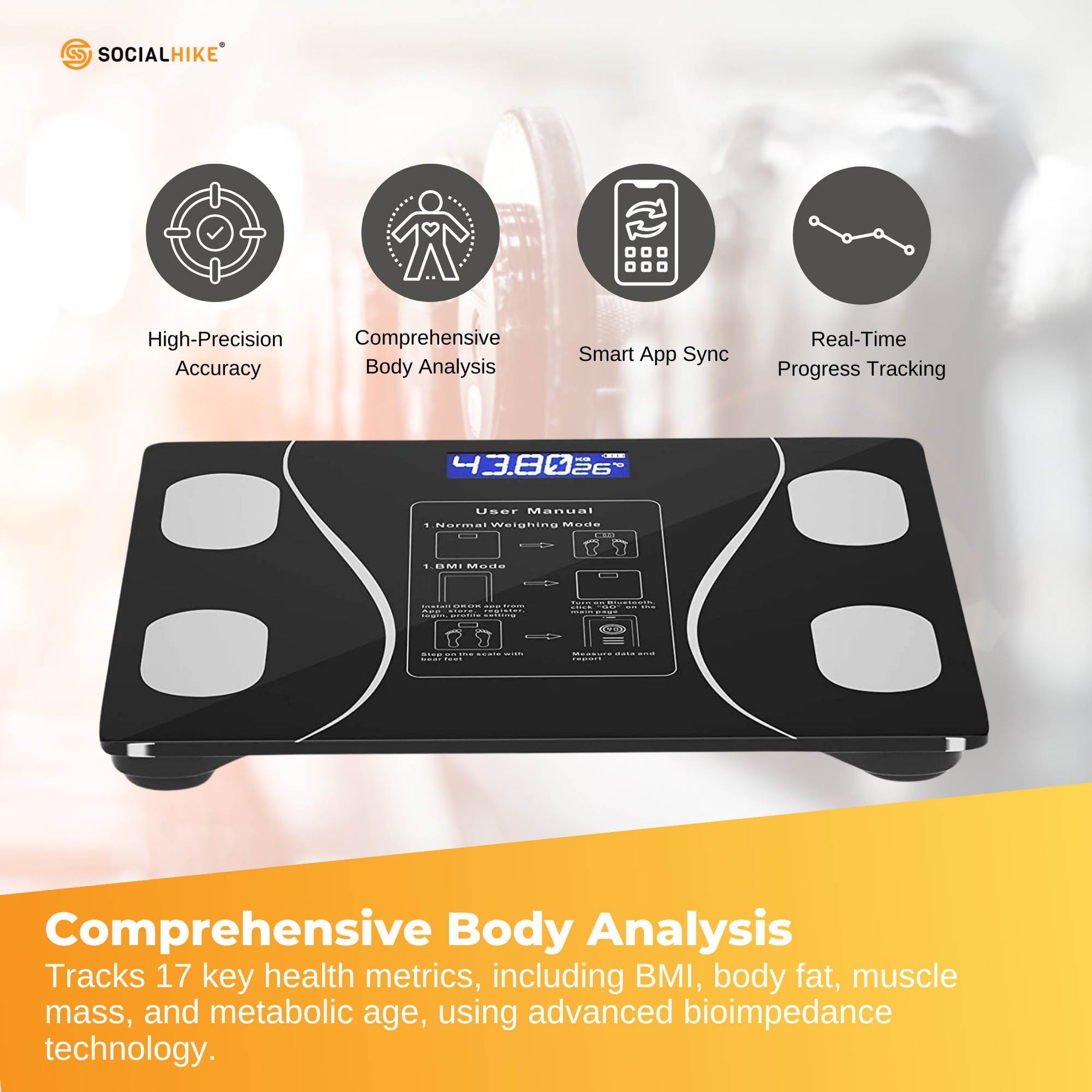 Premium Bluetooth Smart Body Fat Scale with App & USB Charging - Black