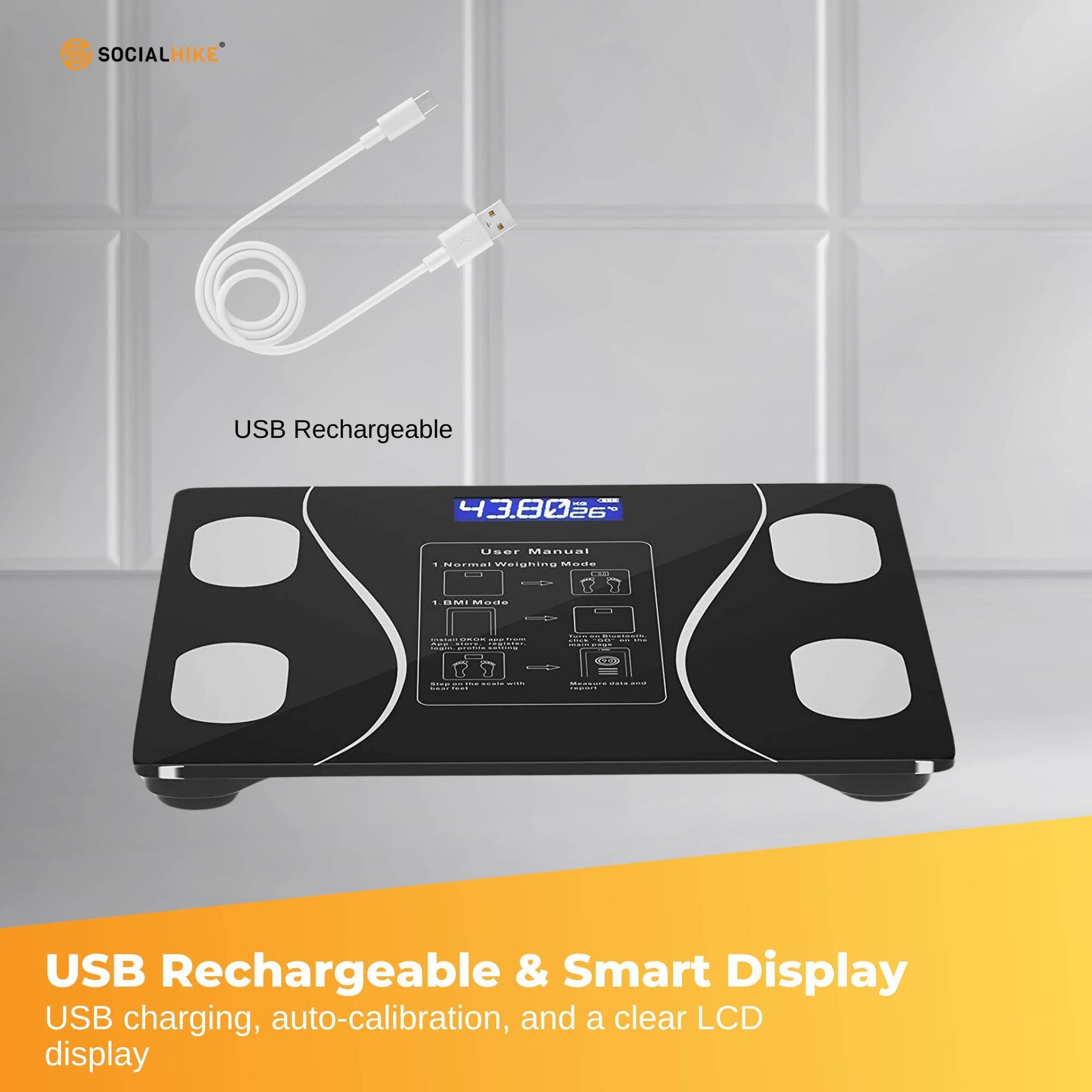Premium Bluetooth Smart Body Fat Scale with App & USB Charging - Black