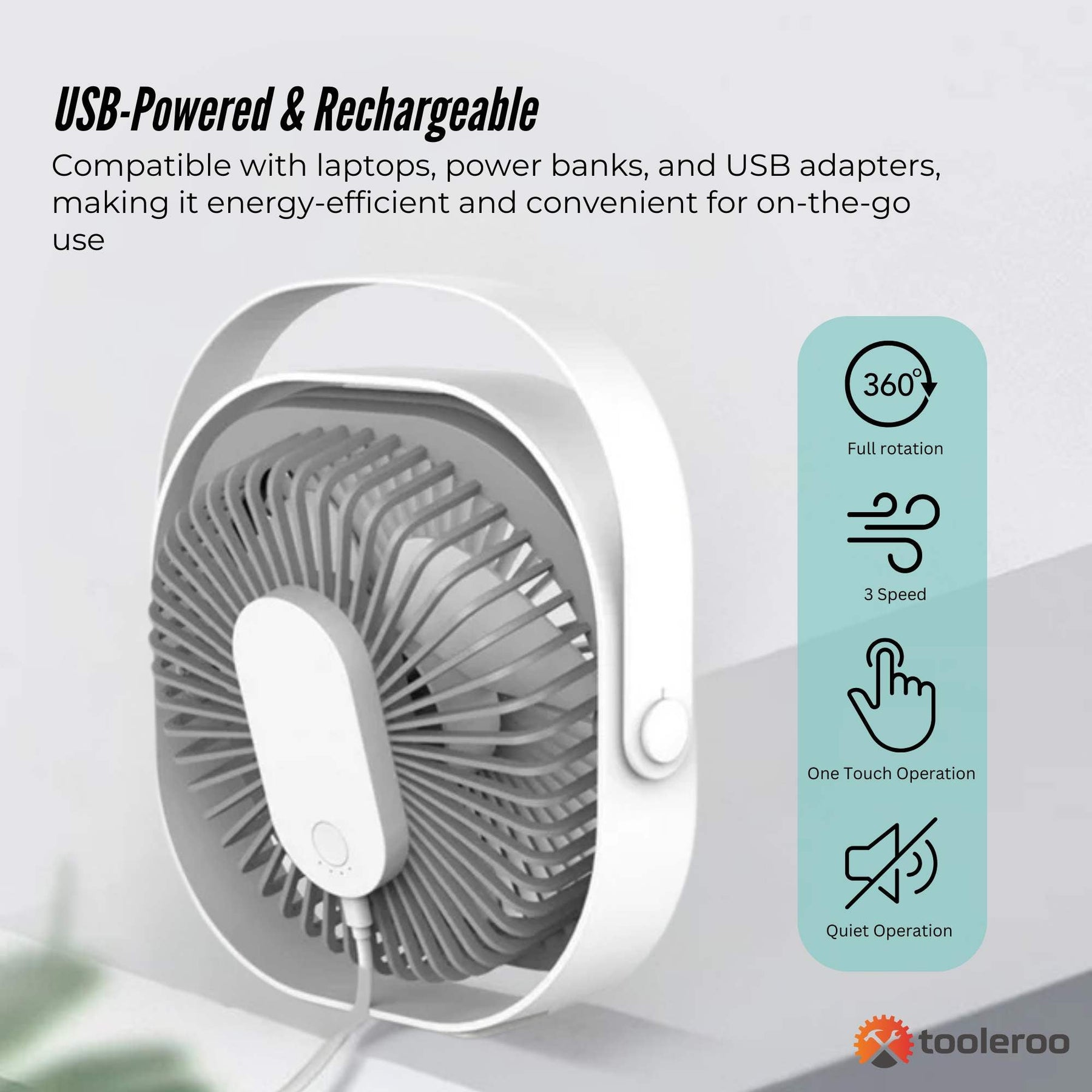 3-Speed USB 20cm Desktop Fan – Quiet Portable Lightweight Rechargeable Cooler - SuperSaverAU - view 4