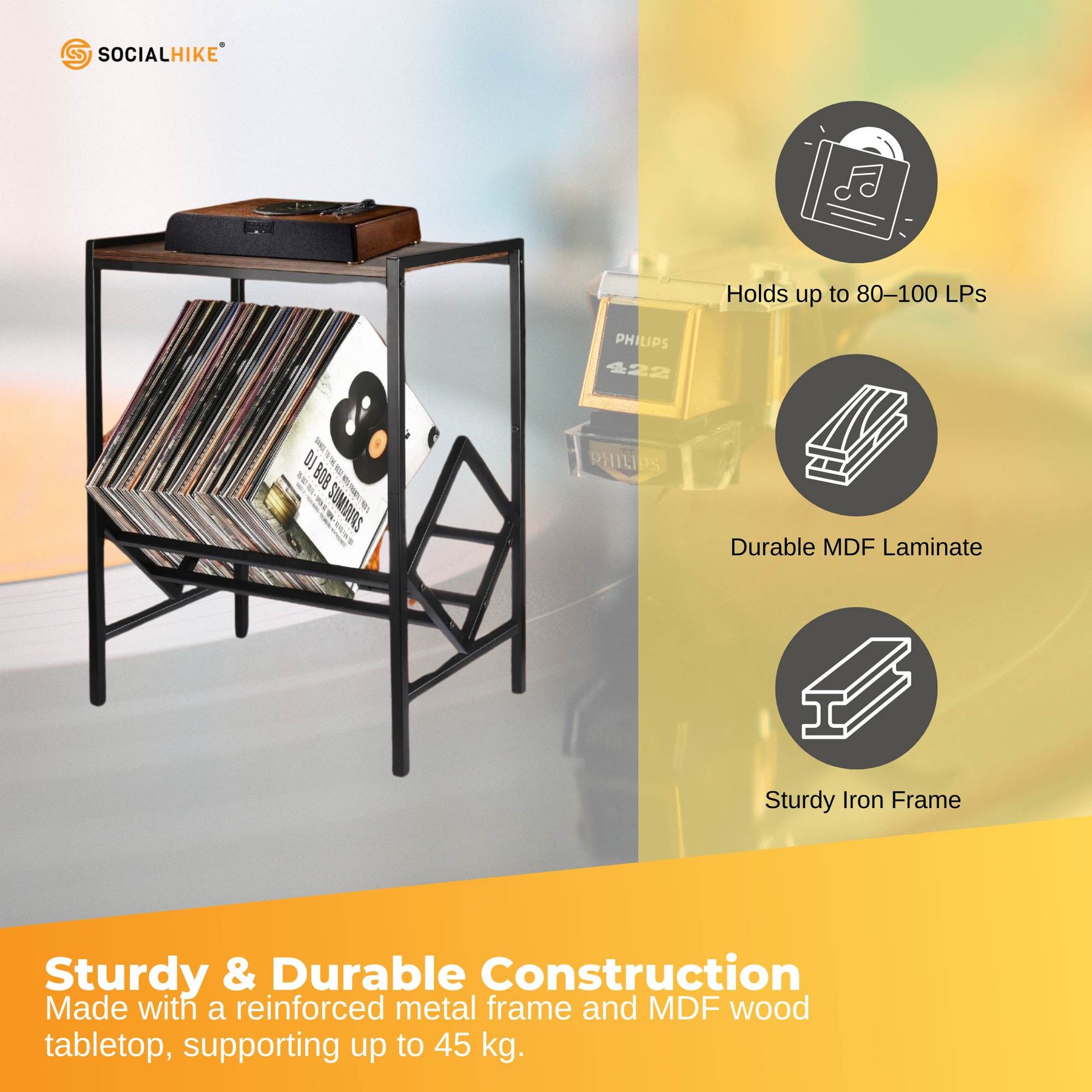 Social Hike Turntable Player Stand & Vinyl LP Record Album Storage - Black Metal - SuperSaverAU - view 3