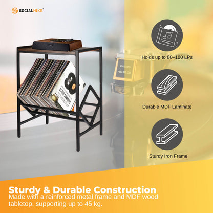 Social Hike Turntable Player Stand & Vinyl LP Record Album Storage - Black Metal