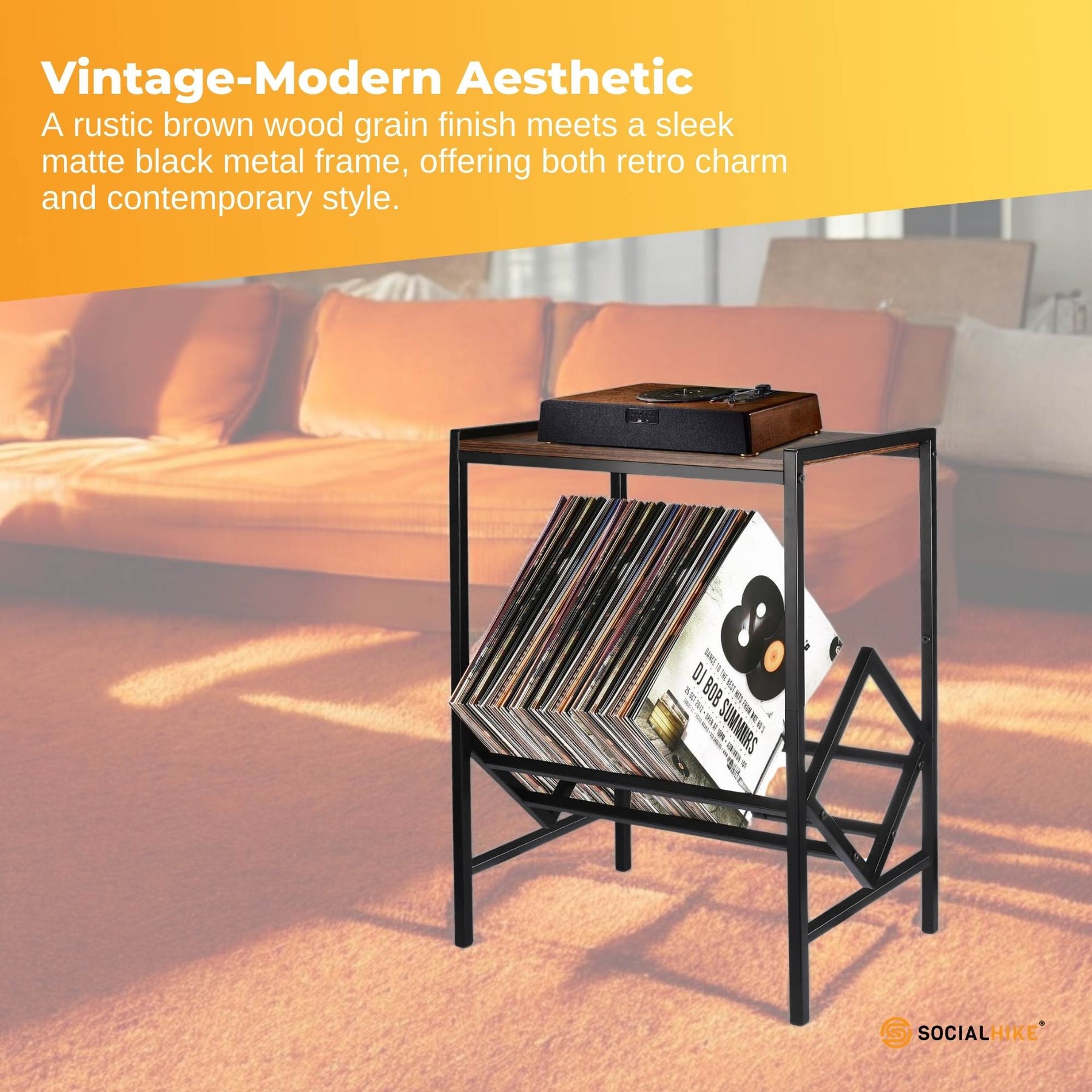 Social Hike Turntable Player Stand & Vinyl LP Record Album Storage - Black Metal - SuperSaverAU - view 8