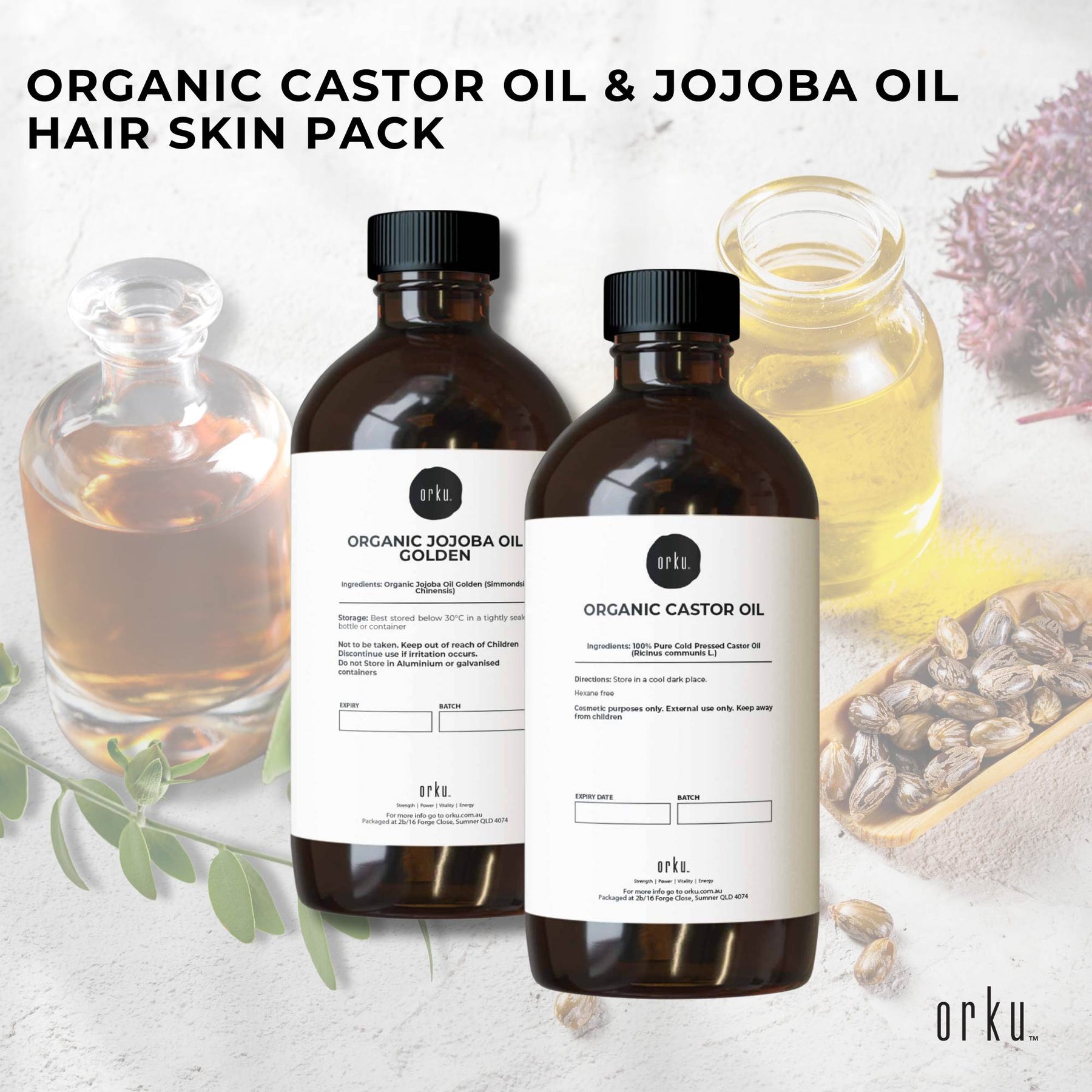 Orku 500ml Organic Castor Oil & 500ml Organic Jojoba Oil Pack - Cold Pressed - SuperSaverAU - view 2