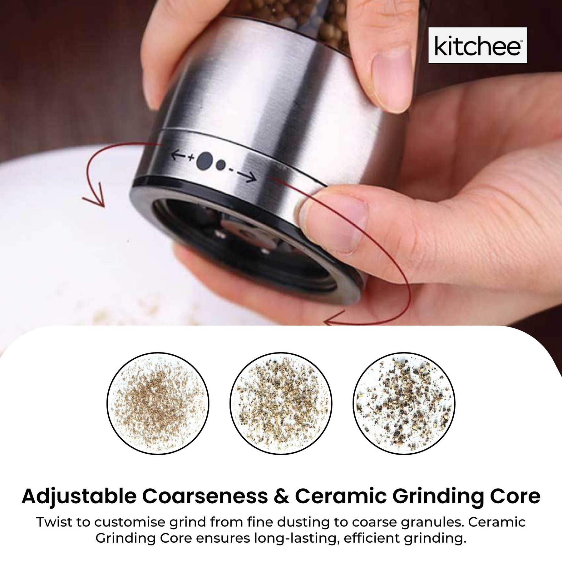 Kitchee Stainless Steel Salt & Pepper Grinder with Adjustable Coarseness - 75ml
