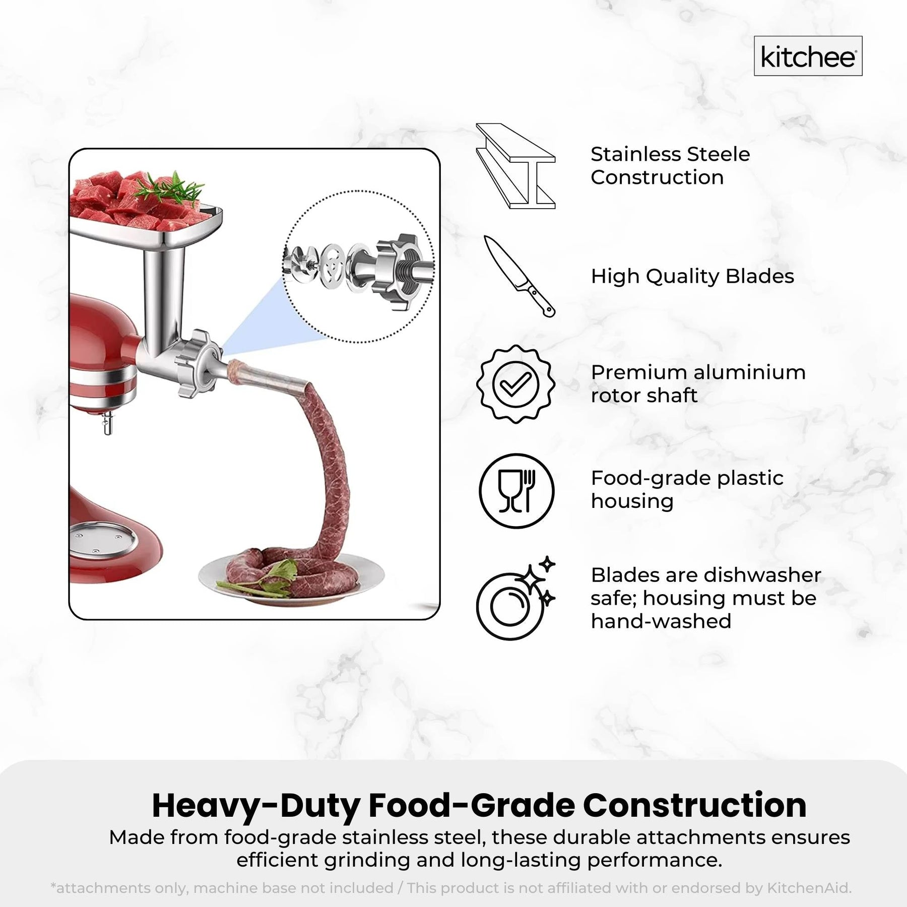 Kitchee Meat Food Grinder Sausage Attachment - Compatible with KitchenAid Mixers - SuperSaverAU - view 5