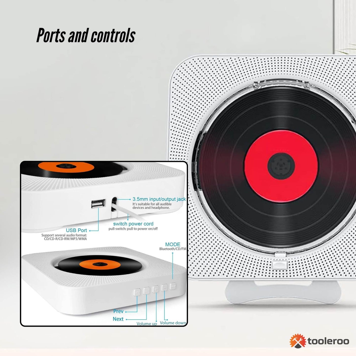 Tooleroo Wall Mountable CD Player Speaker - Bluetooth HiFi FM Radio White