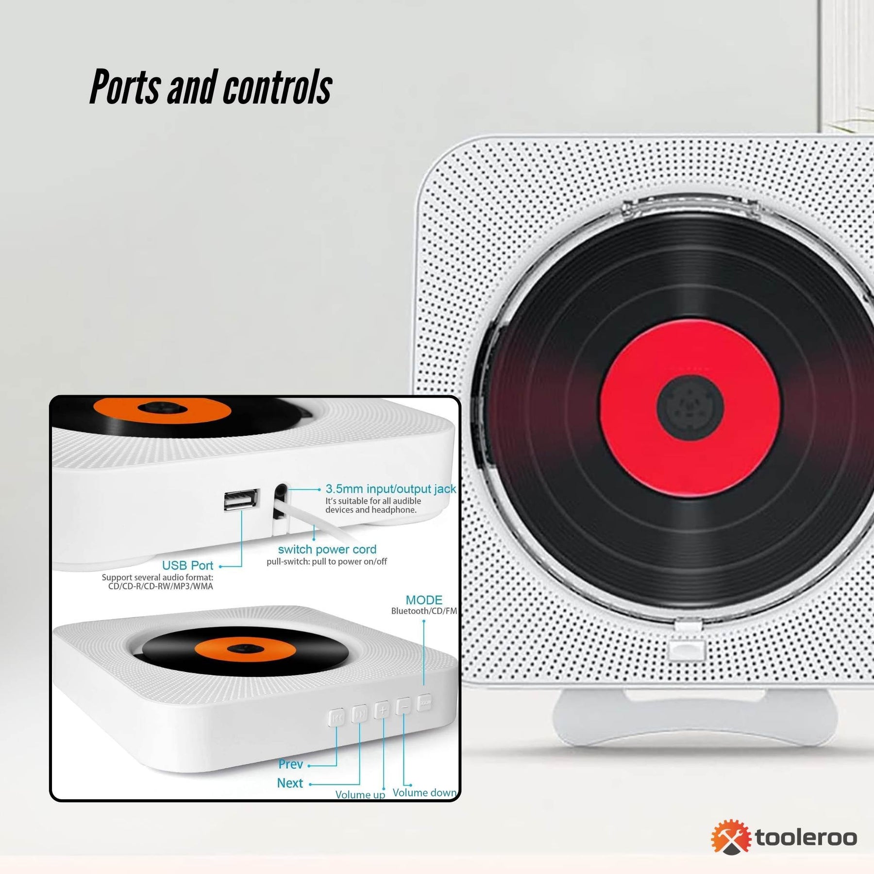 Tooleroo Wall Mountable CD Player Speaker - Bluetooth HiFi FM Radio White - SuperSaverAU - view 3