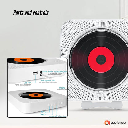 Tooleroo Wall Mountable CD Player Speaker - Bluetooth HiFi FM Radio White