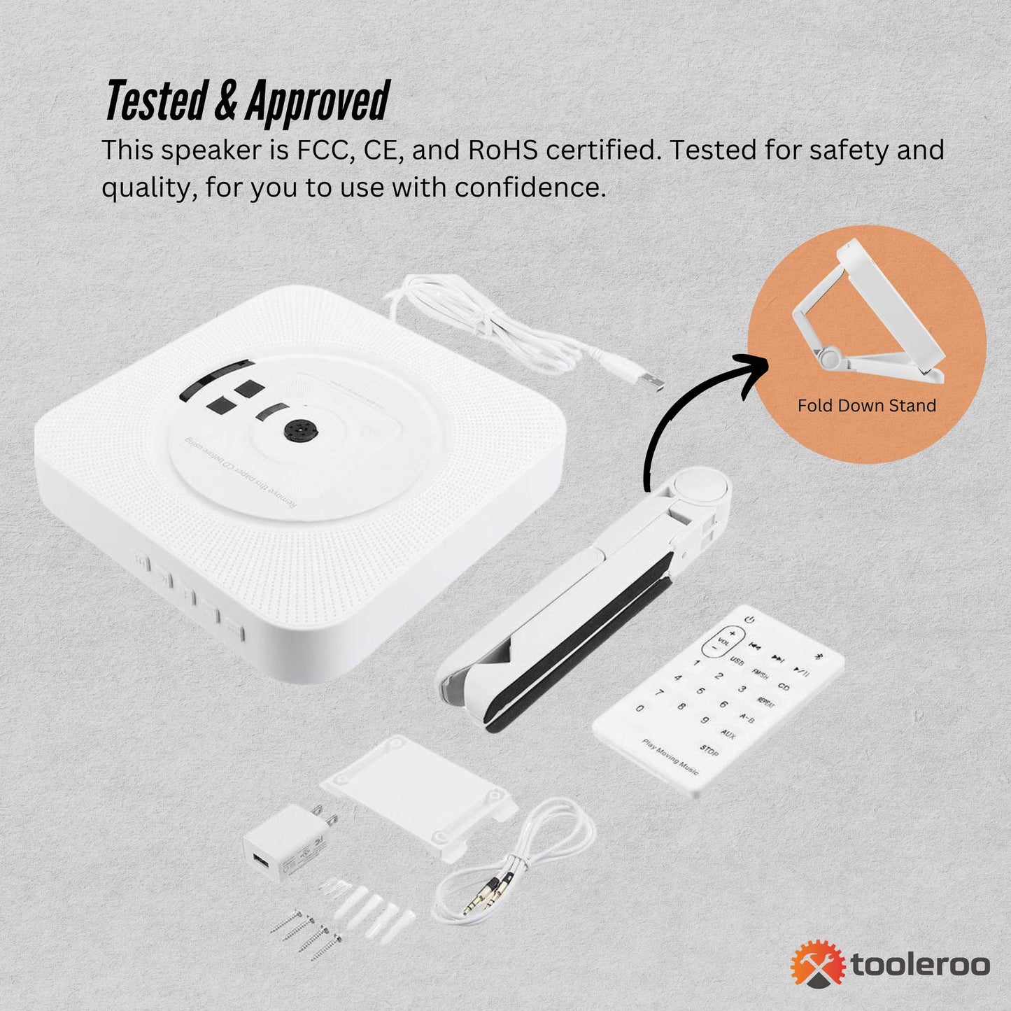 Tooleroo Wall Mountable CD Player Speaker - Bluetooth HiFi FM Radio White