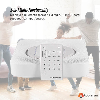 Tooleroo Wall Mountable CD Player Speaker - Bluetooth HiFi FM Radio White