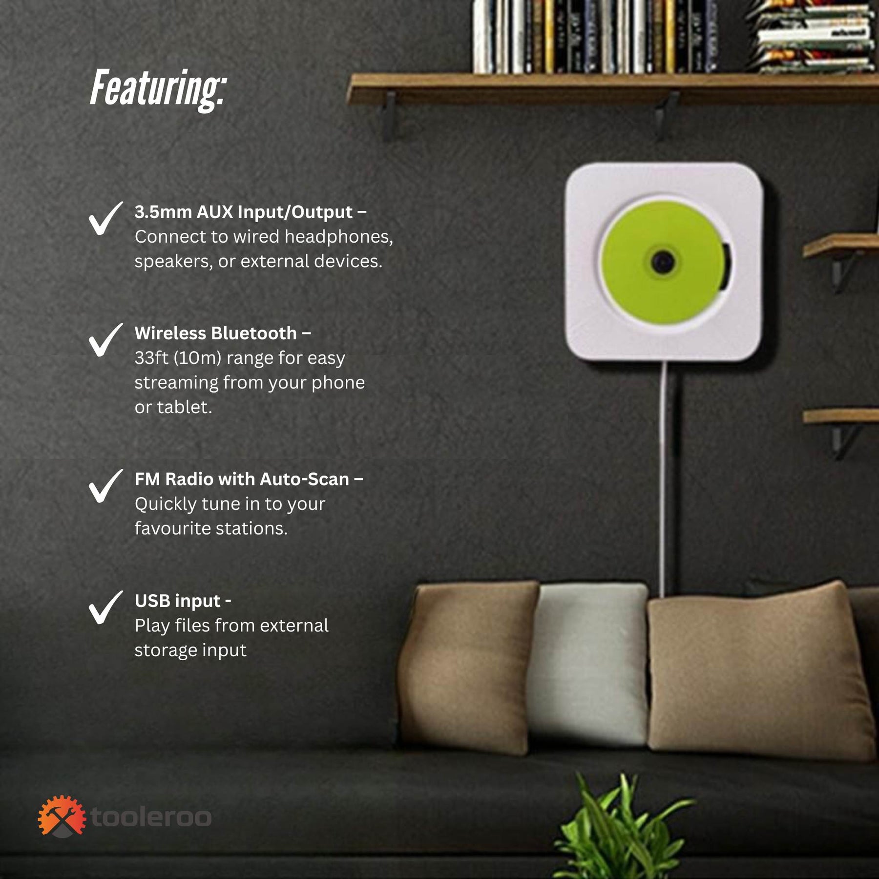 Tooleroo Wall Mountable CD Player Speaker - Bluetooth HiFi FM Radio White - SuperSaverAU - view 9