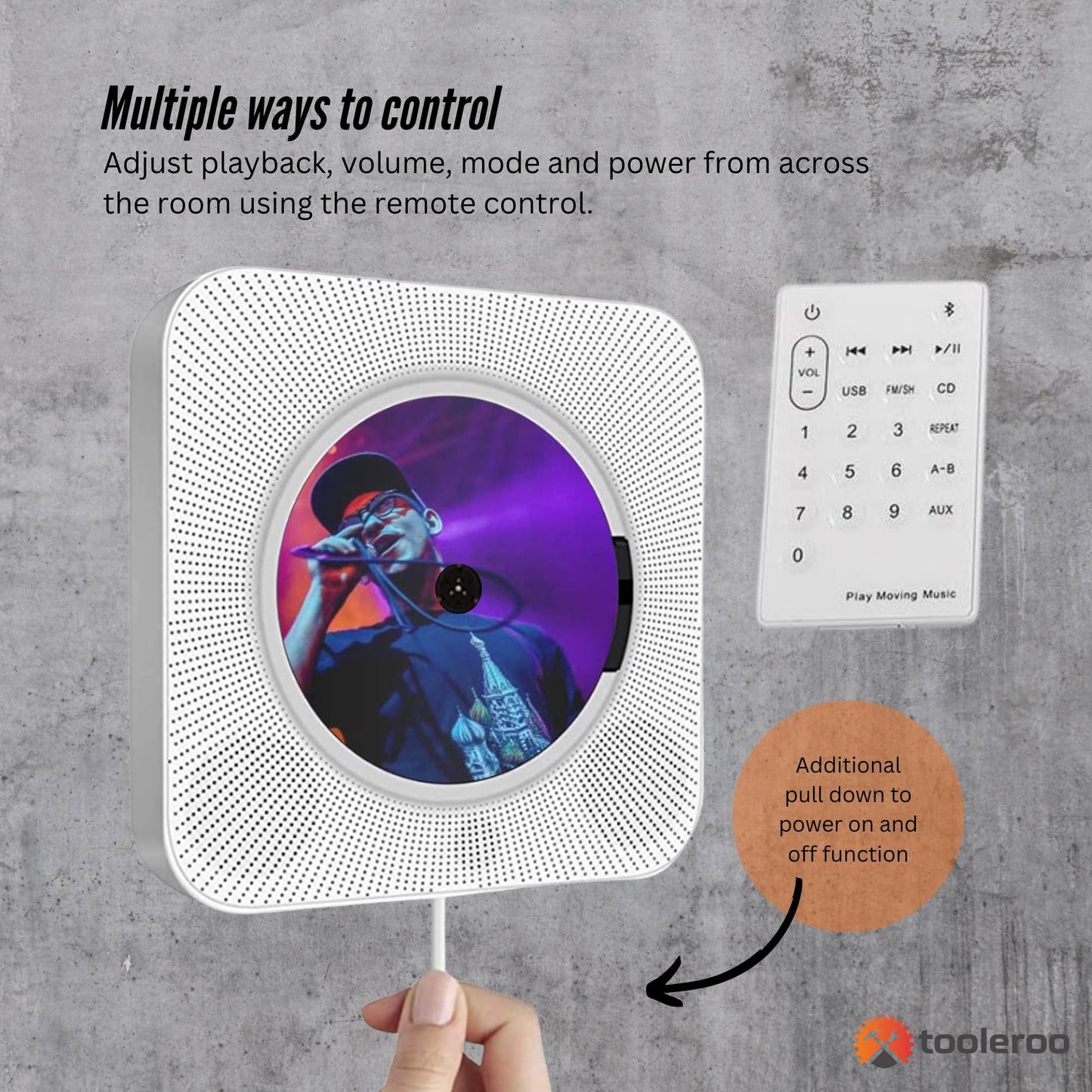 Tooleroo Wall Mountable CD Player Speaker - Bluetooth HiFi FM Radio White