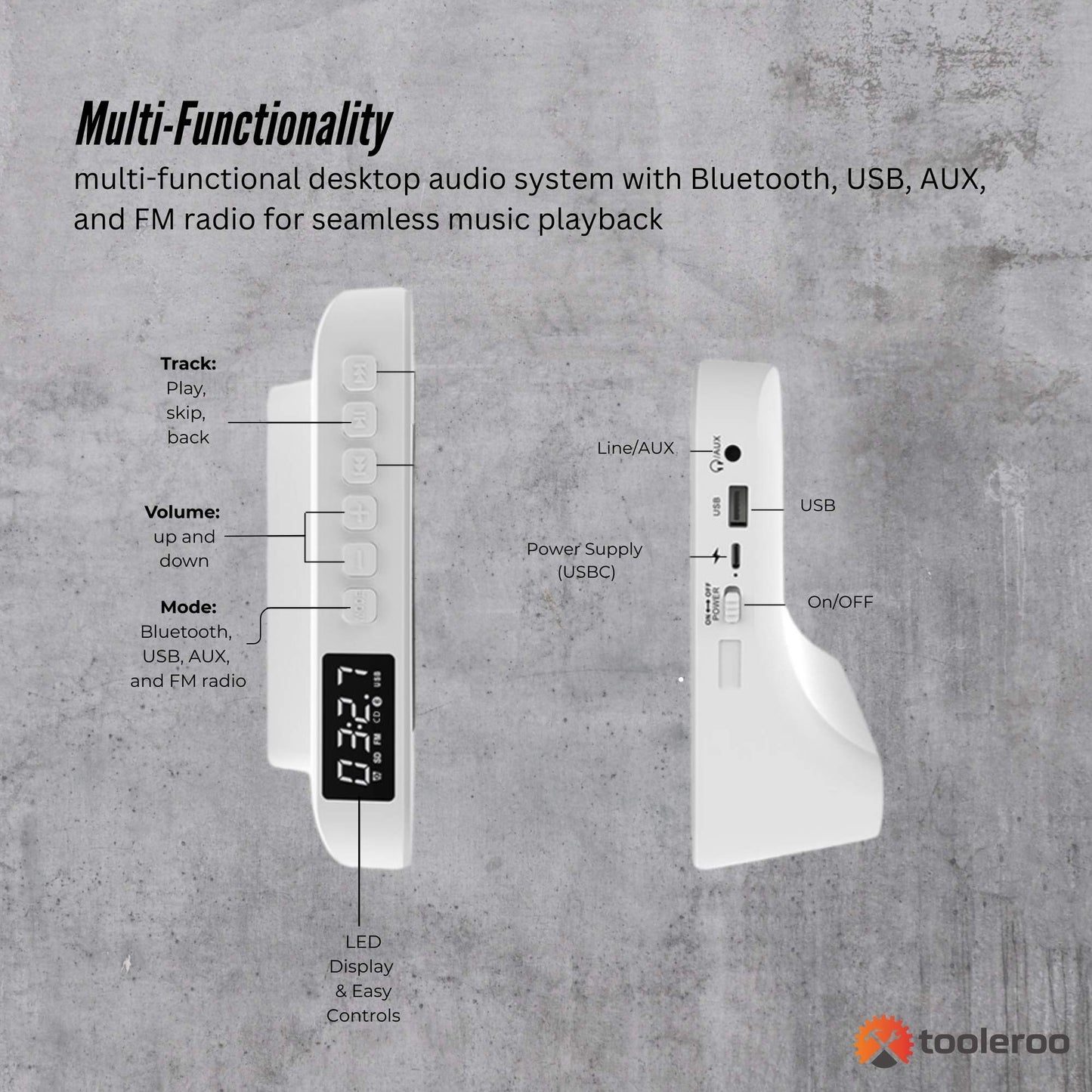 Tooleroo USB Rechargeable Desktop CD Player Speaker – Bluetooth Portable White