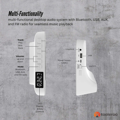 Tooleroo USB Rechargeable Desktop CD Player Speaker – Bluetooth Portable White
