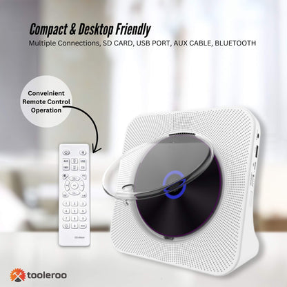Tooleroo USB Rechargeable Desktop CD Player Speaker – Bluetooth Portable White