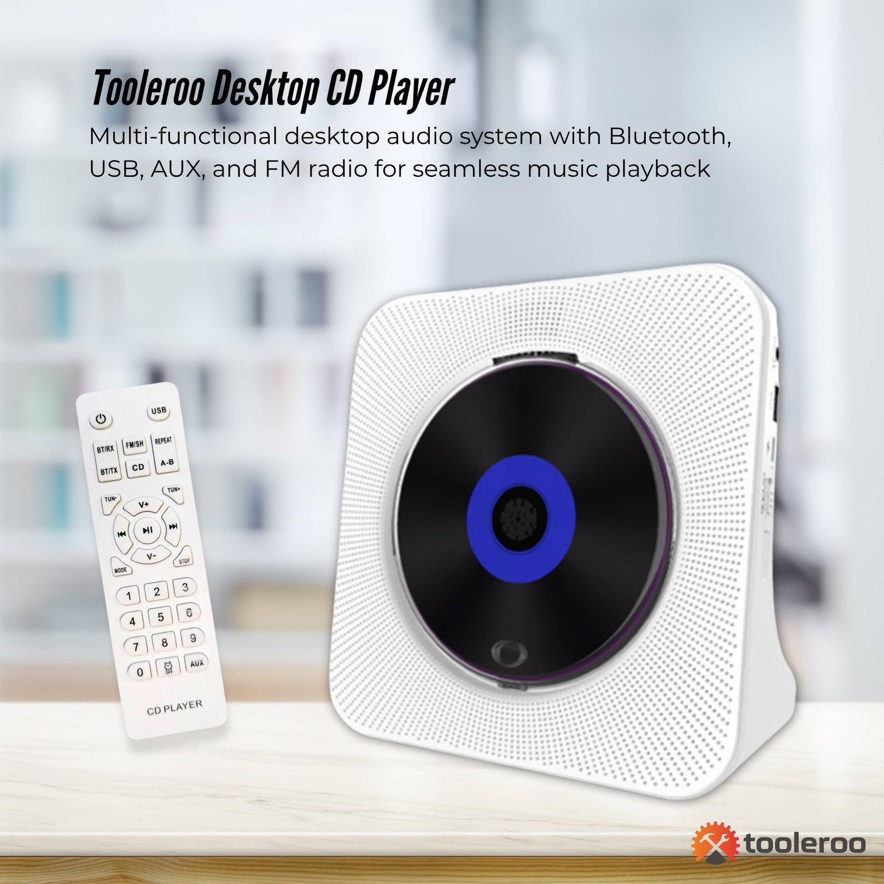 Tooleroo Bluetooth Portable Desktop CD Player Speaker - White