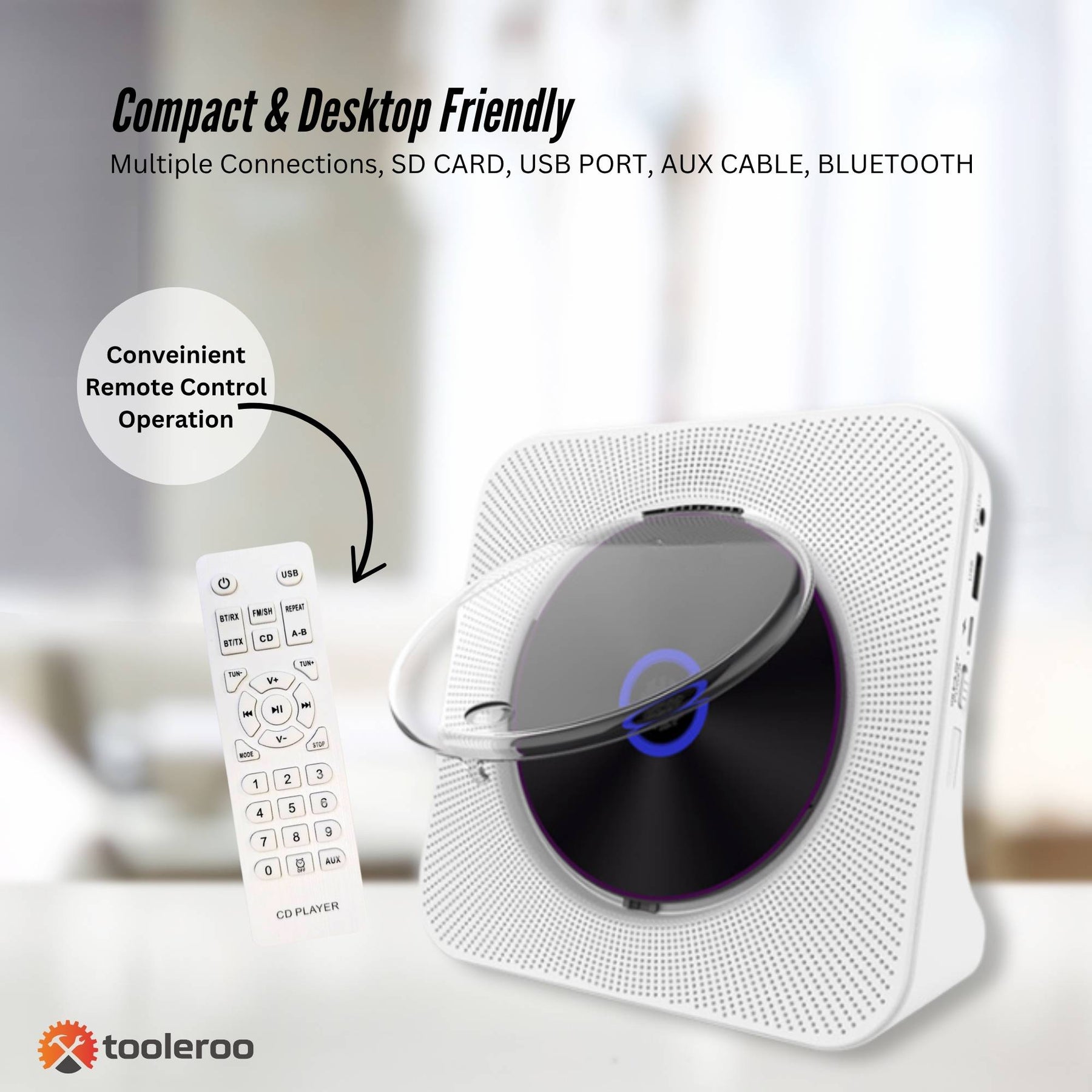 Tooleroo Bluetooth Portable Desktop CD Player Speaker - White
