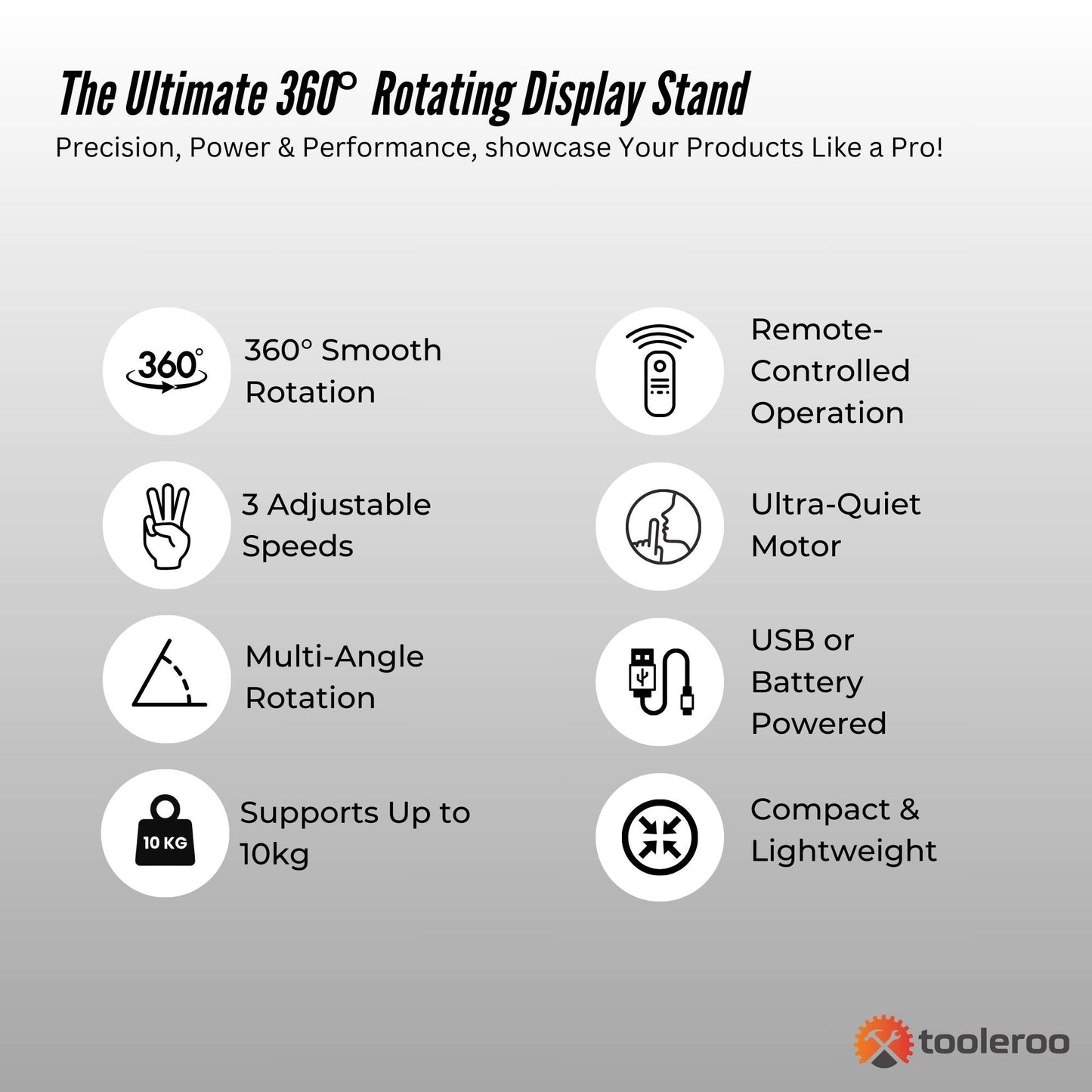 Tooleroo Electric 360 Rotating Product Display Stand White for Merchandise Video