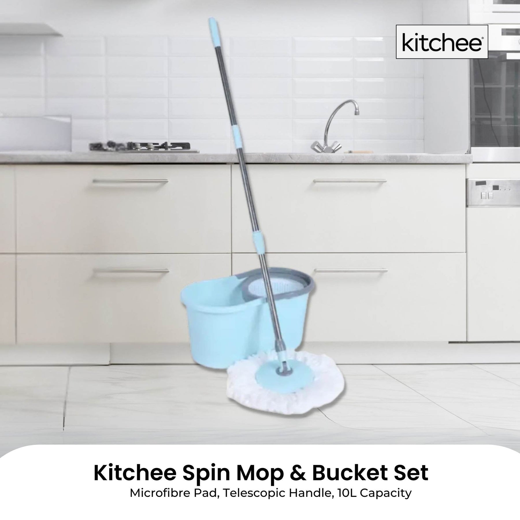 Kitchee Spin Mop & Bucket Set with Microfibre Pad - 10L