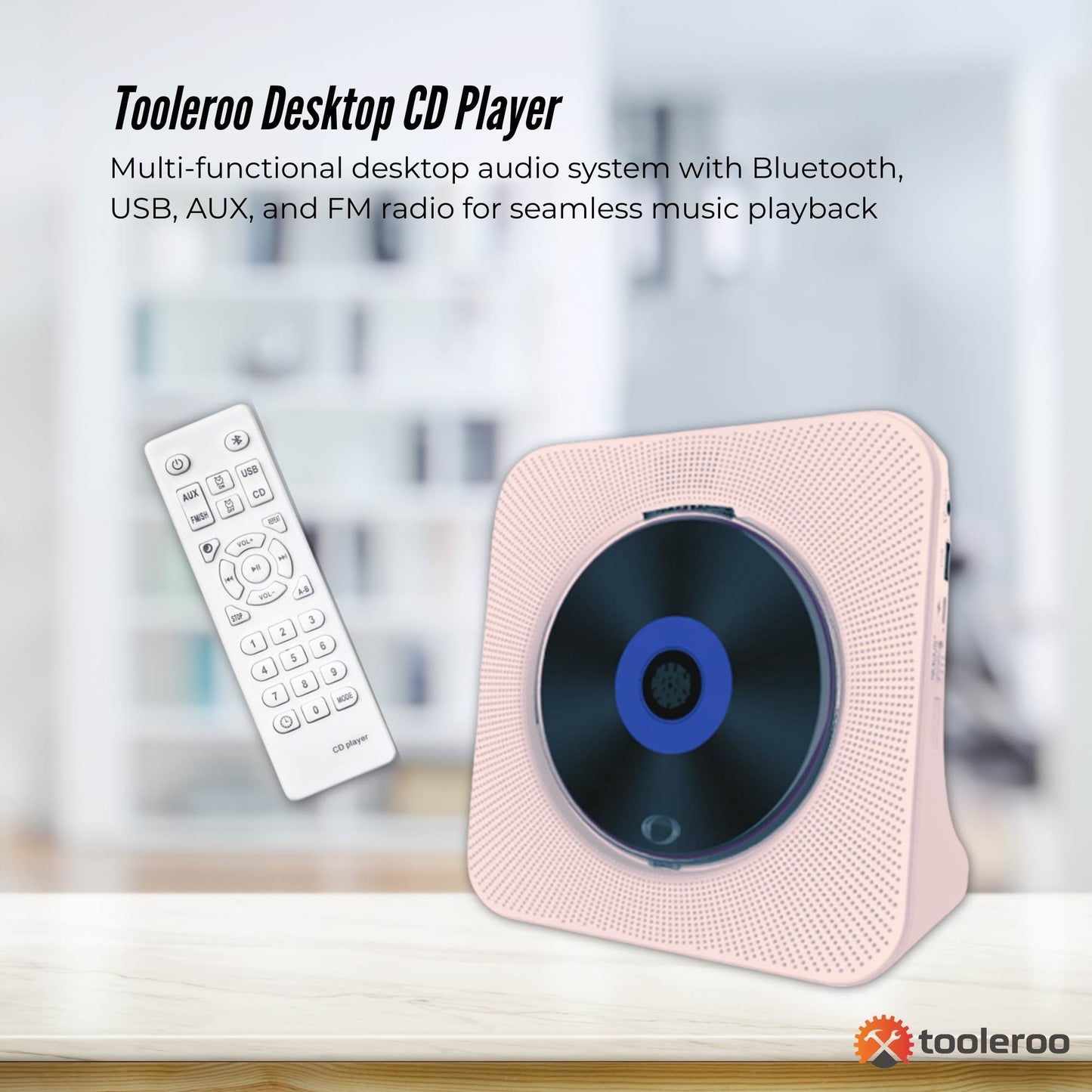 Tooleroo USB Rechargeable Desktop CD Player Speaker – Bluetooth Portable Pink