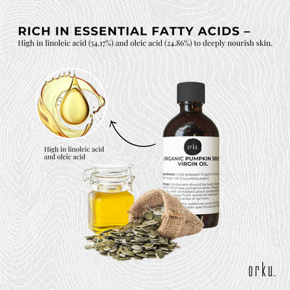 Orku Organic Pumpkin Seed Oil 100ml - Virgin Cold Pressed, Cosmetic Grade