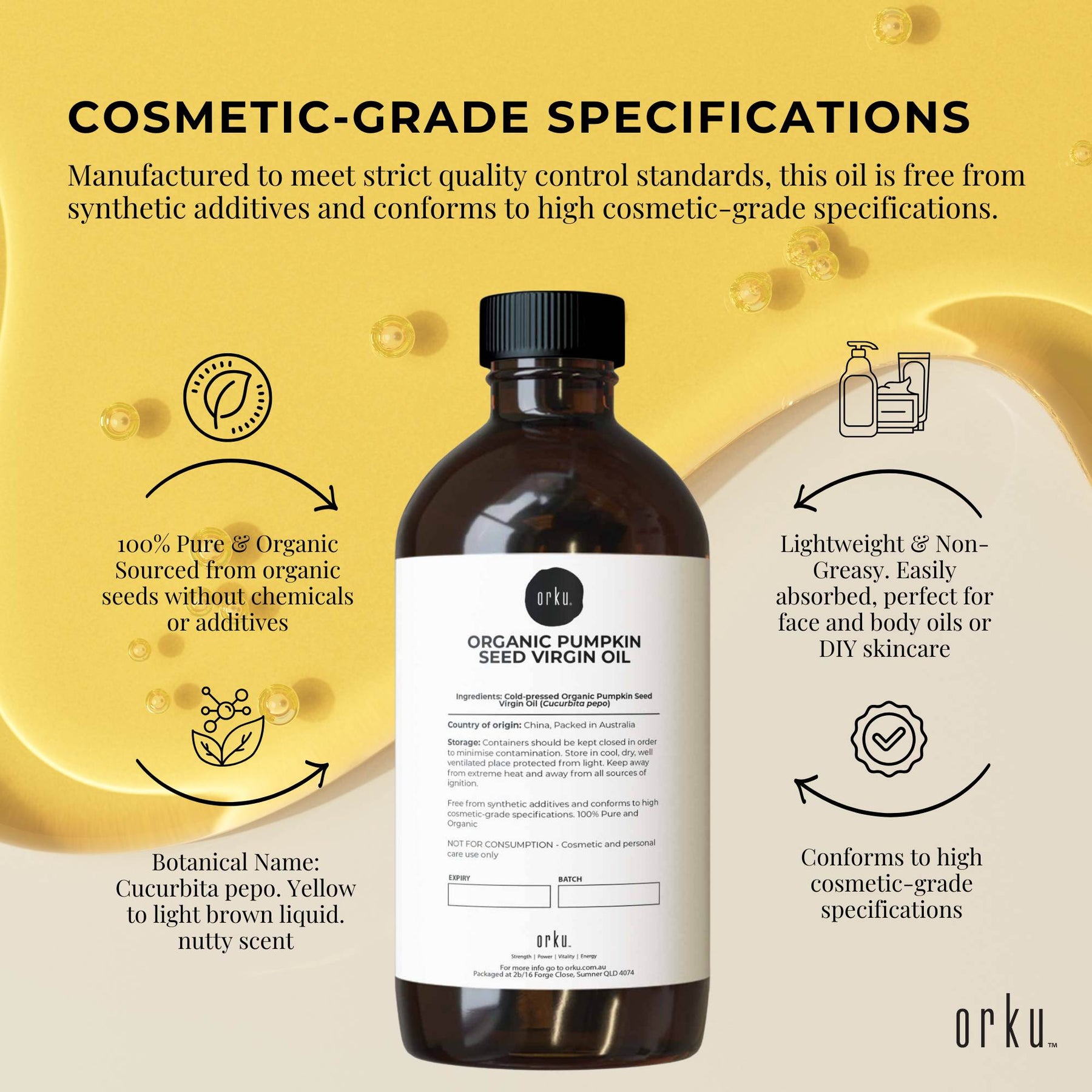 Orku Organic Pumpkin Seed Oil 500ml - Virgin Cold Pressed, 100% Pure, Cosmetic Gr. - SuperSaverAU - view 3