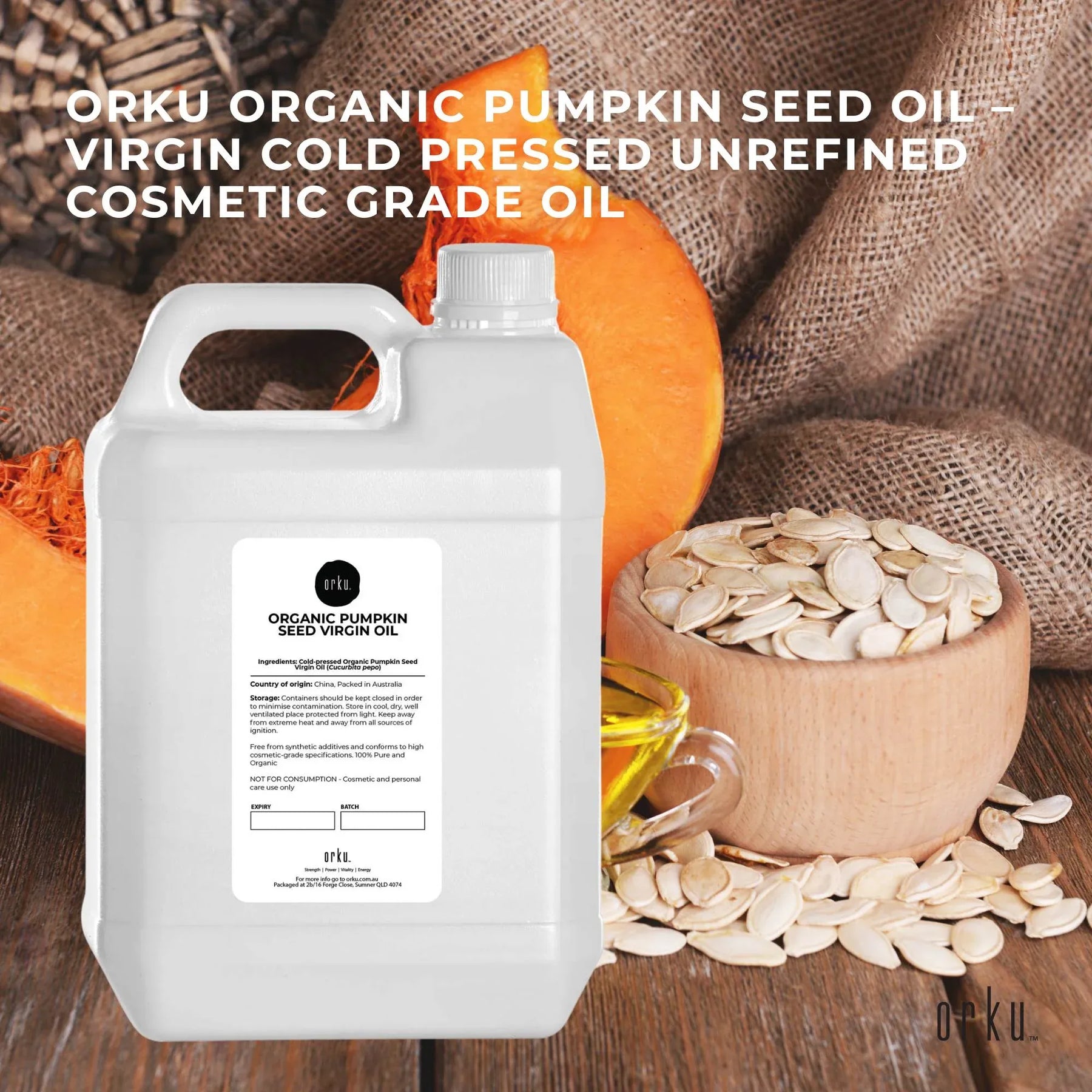 Orku Organic Pumpkin Seed Oil 5L Cosmetic Grade Cold Pressed Carrier Oil