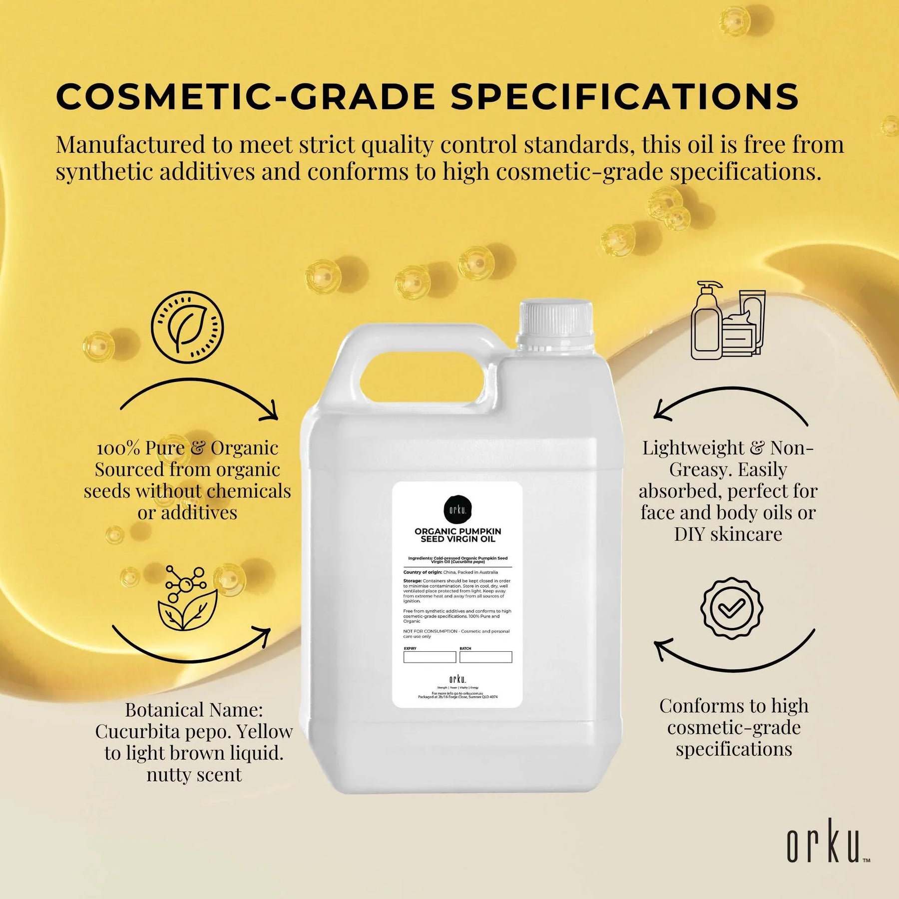 Orku Organic Pumpkin Seed Oil 5L Cosmetic Grade Cold Pressed Carrier Oil