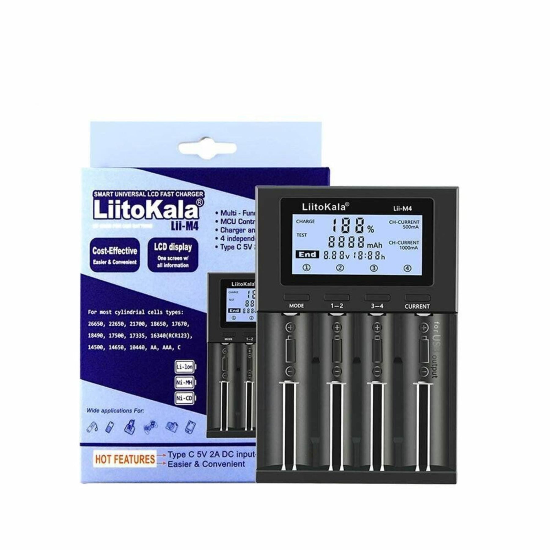 LiitoKala Lii-M4 Smart Battery Charger LCD - 4-Slot USB for 18650 AA AAA Li-ion - SuperSaverAU - view 1