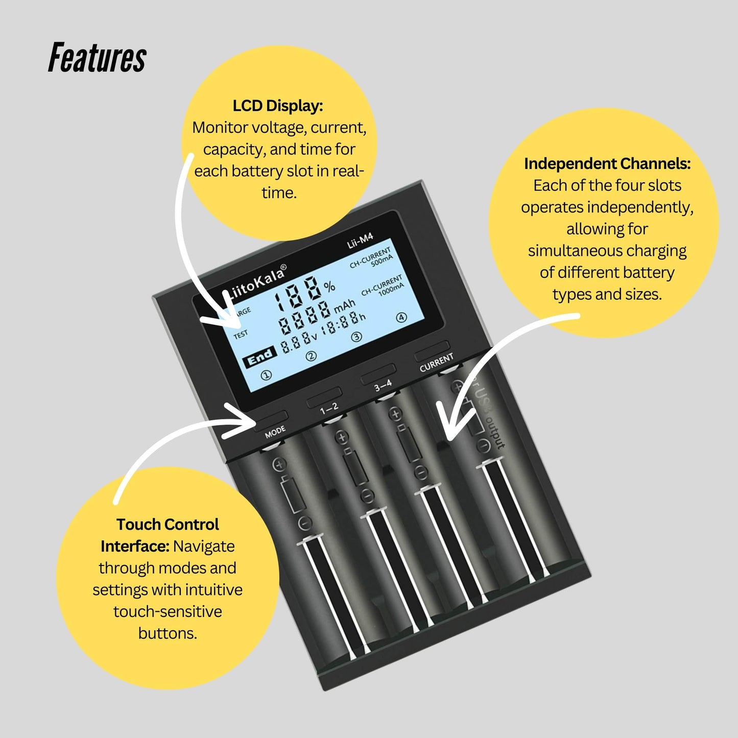 LiitoKala Lii-M4 Smart Battery Charger LCD - 4-Slot USB for 18650 AA AAA Li-ion
