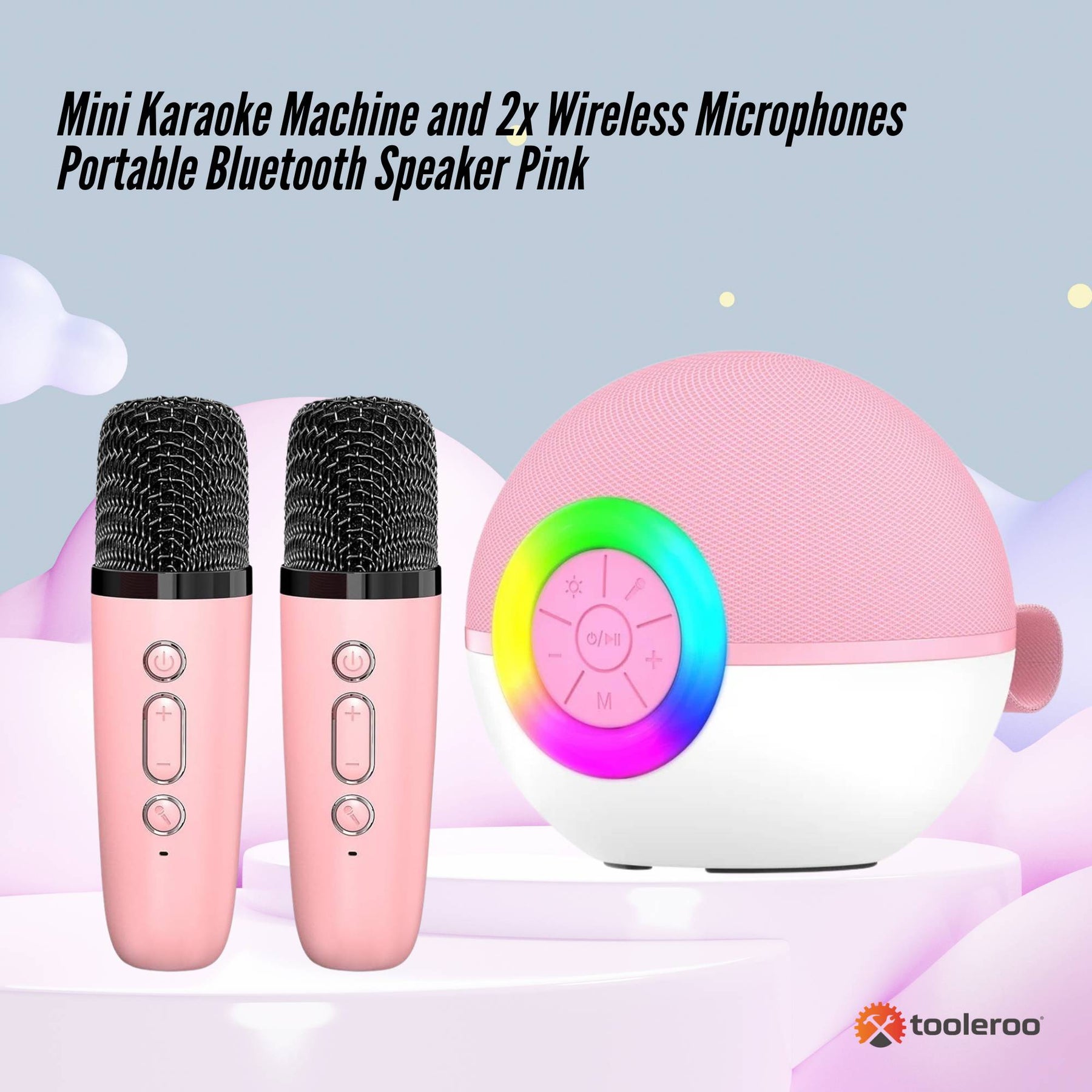 Mini Karaoke Machine and 2x Wireless Microphones Portable Bluetooth Speaker Pink - SuperSaverAU - view 2
