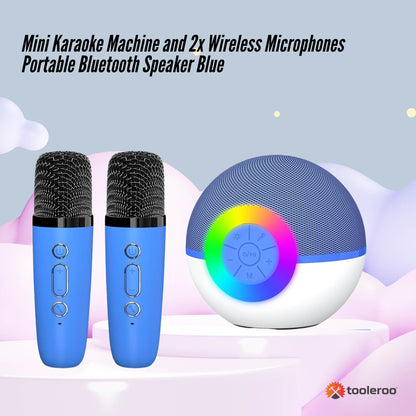Mini Karaoke Machine and 2x Wireless Microphones Portable Bluetooth Speaker Blue