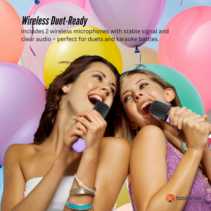 Mini Karaoke Machine - 2x Wireless Microphones Portable Bluetooth Speaker Purple