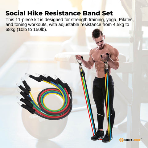 Social Hike Resistance Band Set with Handles - 11pcs Home Workout Kit 4.5-68kg - SuperSaverAU - view 2