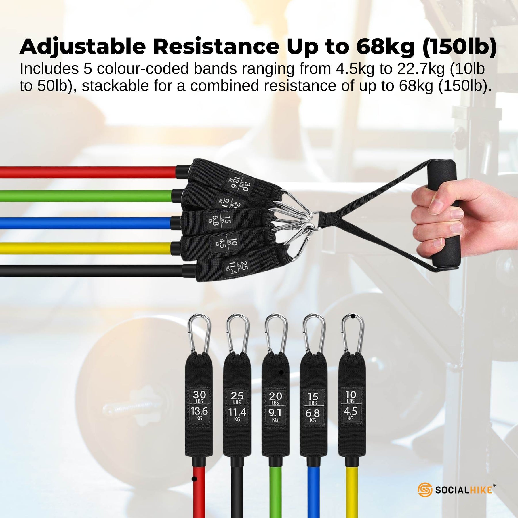 Social Hike Resistance Band Set with Handles - 11pcs Home Workout Kit 4.5-68kg - SuperSaverAU - view 3
