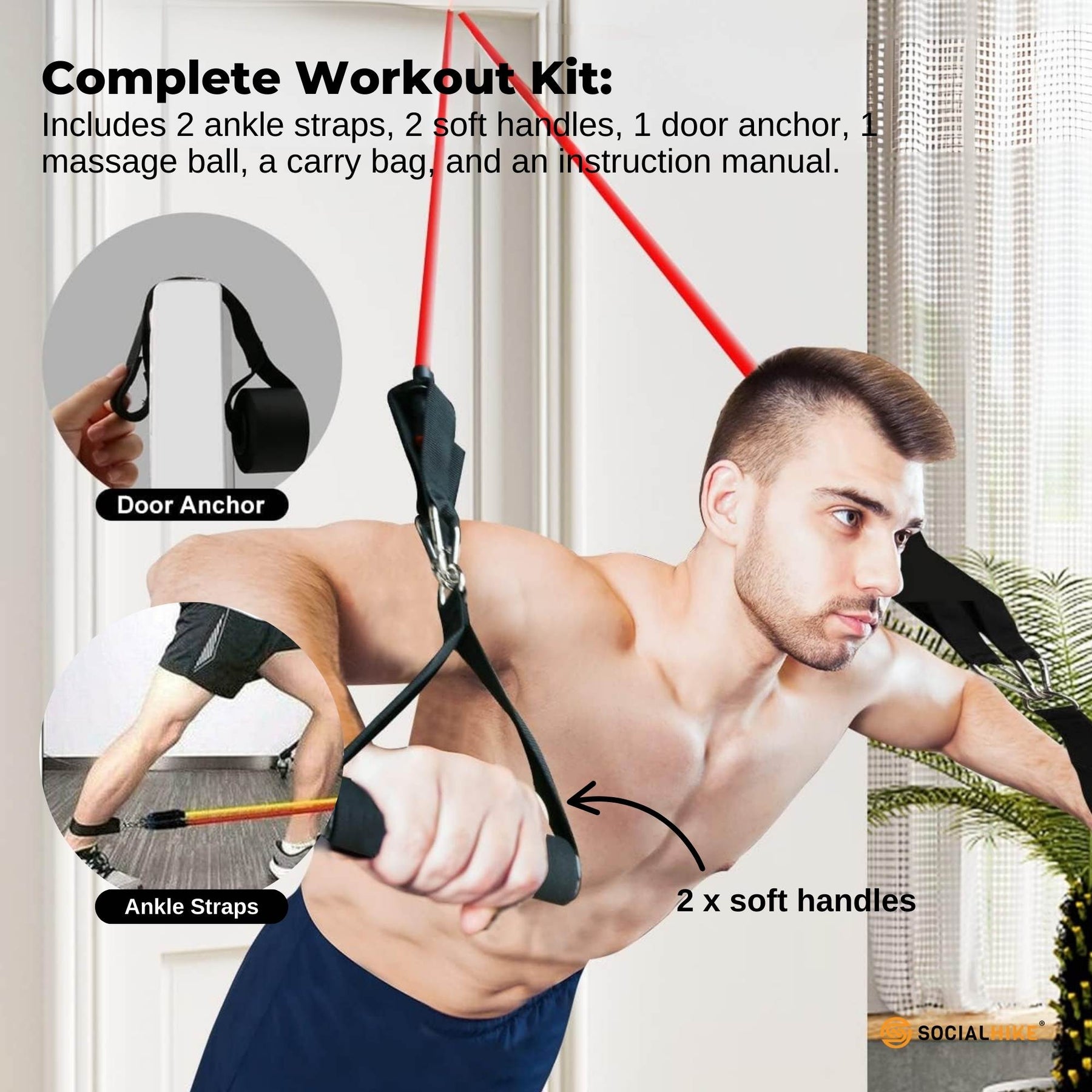 Social Hike Resistance Band Set with Handles - 11pcs Home Workout Kit 4.5-68kg - SuperSaverAU - view 6