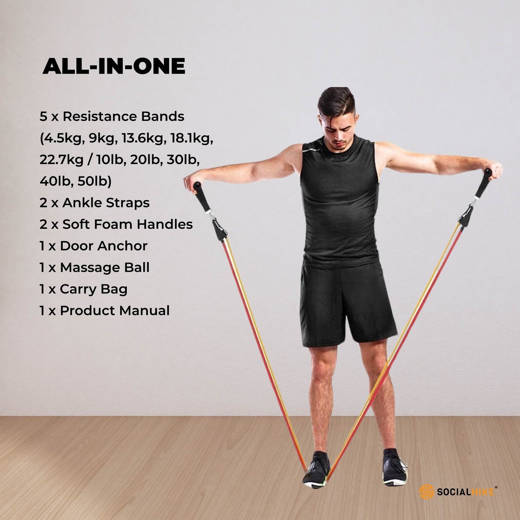Social Hike Resistance Band Set with Handles - 11pcs Home Workout Kit 4.5-68kg - SuperSaverAU - view 7