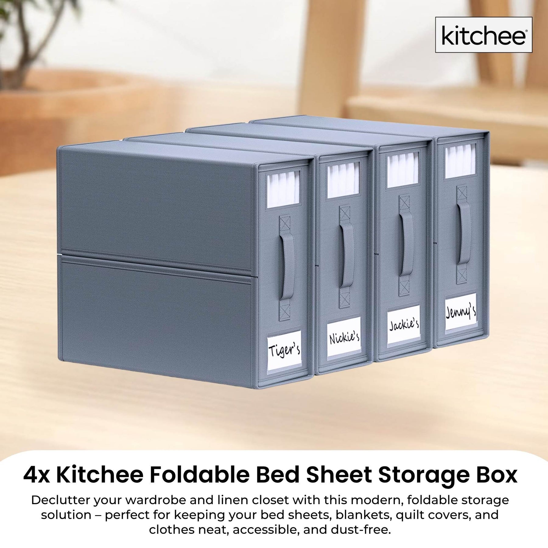 Kitchee Foldable Bed Sheet Storage Box, Grey, 38x32x12 cm, Waterproof, Space-Saving, 4x - SuperSaverAU - view 2