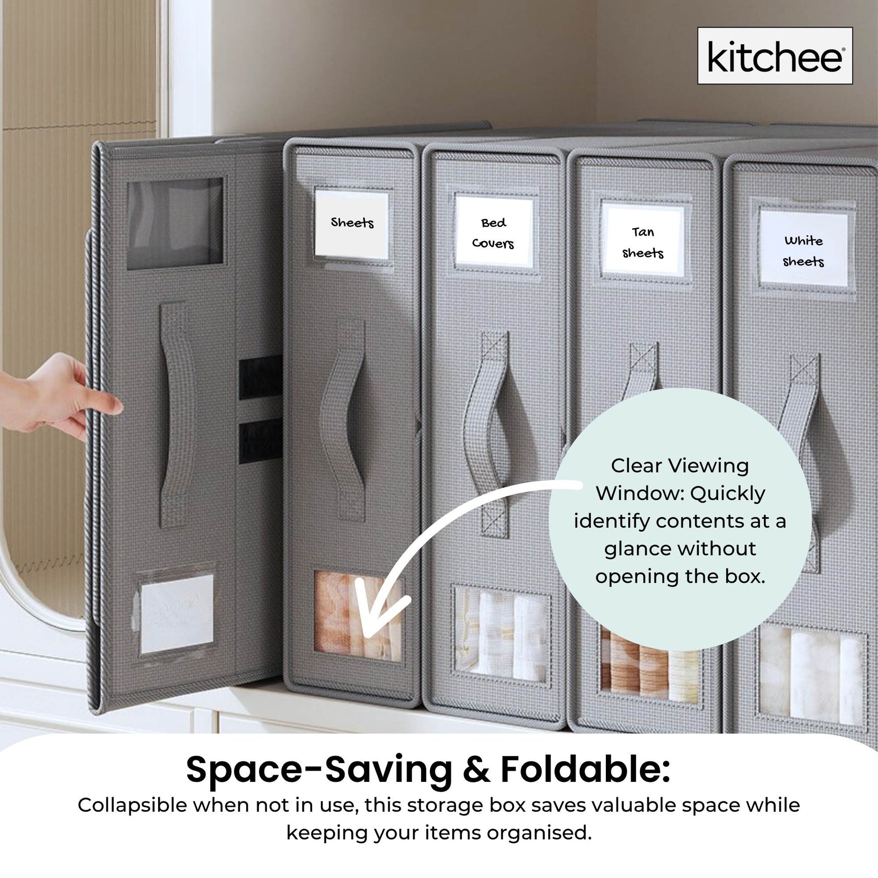 Kitchee Foldable Bed Sheet Storage Box, Grey, 38x32x12 cm, Waterproof, Space-Saving, 4x - SuperSaverAU - view 4