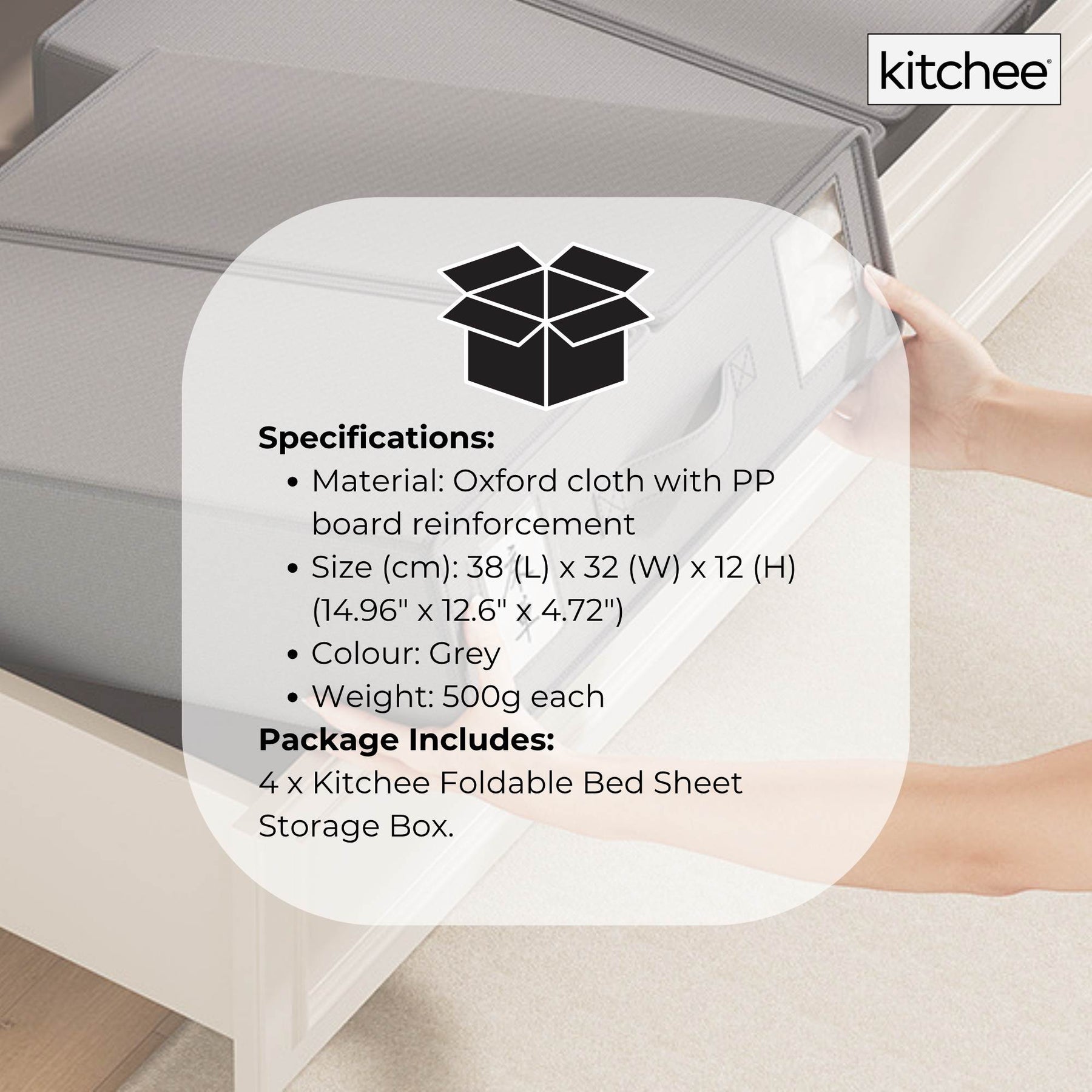 Kitchee Foldable Bed Sheet Storage Box, Grey, 38x32x12 cm, Waterproof, Space-Saving, 4x - SuperSaverAU - view 8